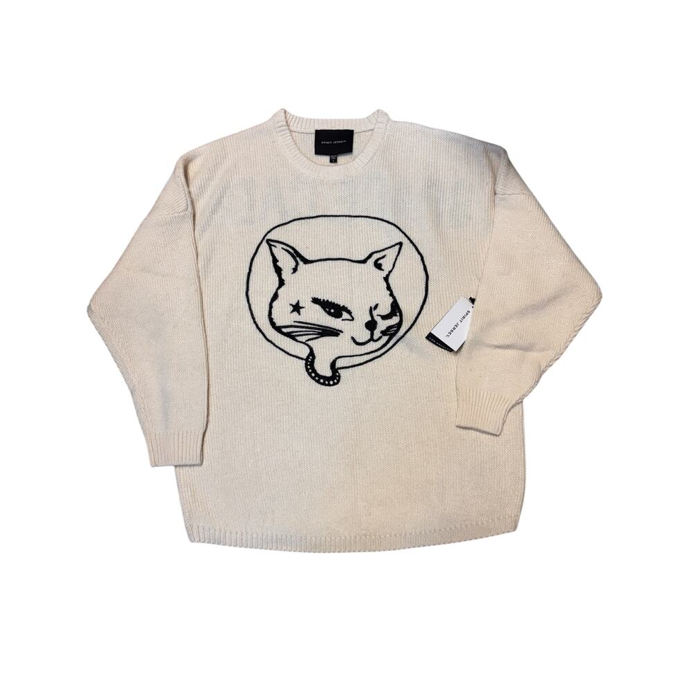 Spirit Jersey “Space Cadet” Cat Graphic Sweater Cream Size Small